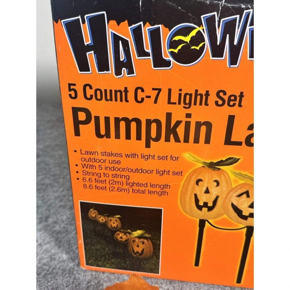 Halloween Pumpkin Blow Mold Lawn Stakes 5 Count Light Set Indoor/Outdoor Vintage